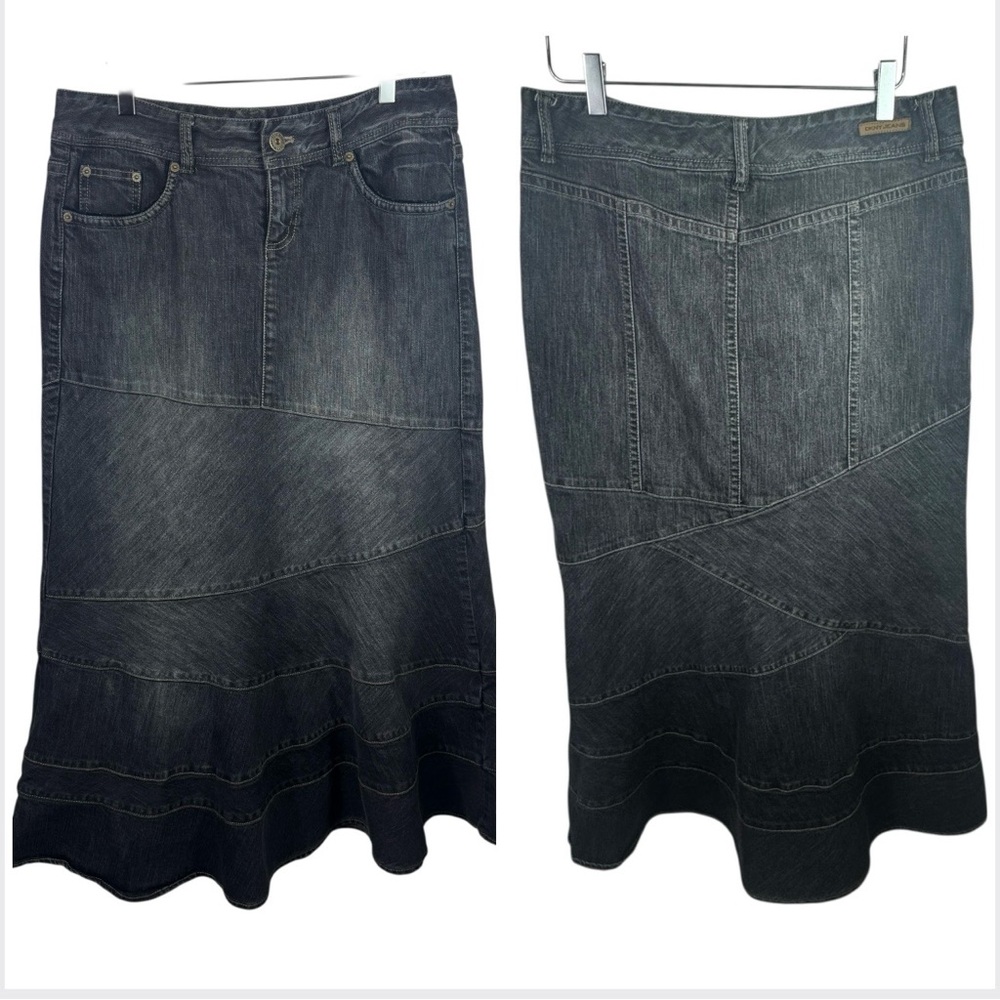 DKNY Y2K Denim Maxi Skirt Paneled Zig Zag Ruffle Mermaid Flare Boho Women's 12 - Picture 3 of 12